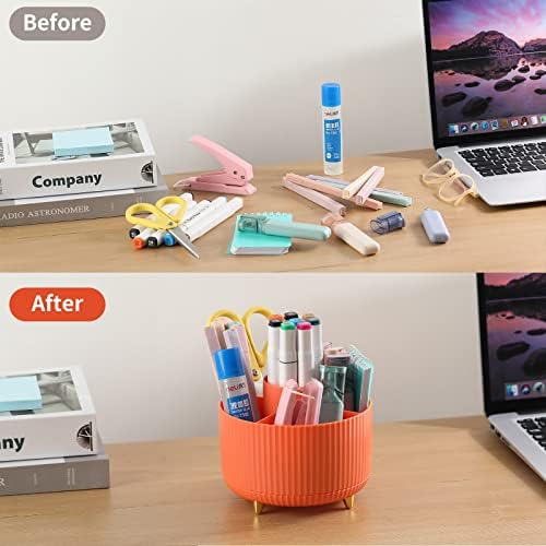 Desk Pencil Pen Holder, 5 Slots 360°Degree Rotating Pen Organizers for Desk, Desktop Storage Stationery Supplies Organizer, Cute Pencil Cup Pot for Office, School, Home, Art Supply, Orange - Image 4