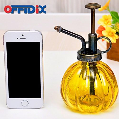 OFFIDIX Yellow Glass Watering Can Indoor, 6.3" Tall Vintage Style with Bronze Plastic Top Pump One Hand Spray Bottle - Image 3