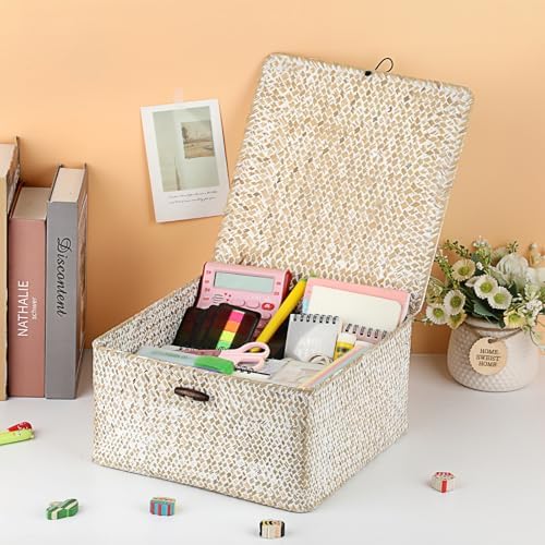 Hipiwe Wicker Shelf Basket Bin Square Handwoven Seagrass Storage Basket with Lid Home Organize Box for Bookshelf Living Room Bath Room Multipurpose Basket Container, Whitewash Large - Image 3