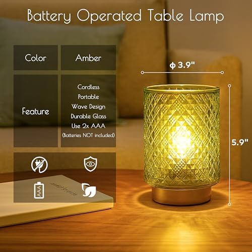 LUSHARBOR Battery Operated Lamp with Timer, Small Table Lamp for Shelf Decor, Glass Cordless Lamps Bedside Cozy Light for Living Room/Coffee Table/Entryway Diamond Design-Green - Image 6