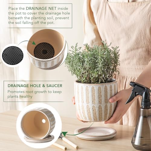 Ceramic Flower Pots Indoor-Outdoor: 5.75 Inch Planters with Drainage Holes & Saucer - Modern Decorative Plant Pots Ceramic for Home Gardeners (Striped) - Image 3
