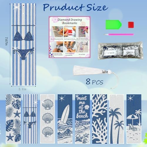 8PCS Diamond Painting Art Bookmarks,Cute Acrylic Bookmarks Crafts Kits Gifts with Tassels for Adult Women Book Lovers (Beach) - Image 5