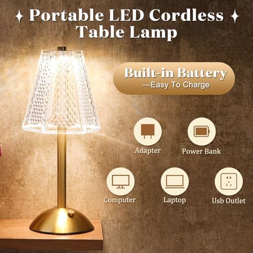 Liliful 2 Pcs Cordless Table Lamp LED Touch, Gold, Hexagonal Diamond Style - Image 3