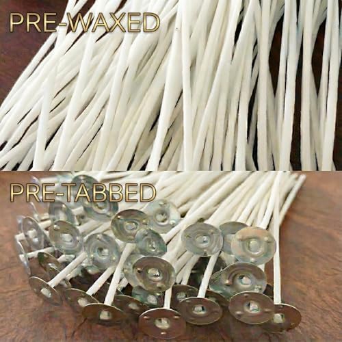 Candle Making Kit – 100 Pre-Waxed Wicks (6 Inch/15cm), 100 Wick Stickers, 5 Wooden & 1 Metal Cantering Device Holder – Low Smoke Cotton Core for Soy & Beeswax DIY Candle Crafting - Image 4