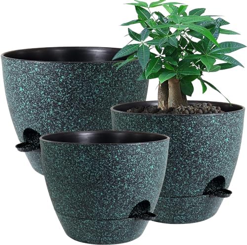 UOUZ Large Self Watering Pots, 12/10/9 Plastic Planters with High Drainage Holes and Deep Reservoir for Indoor Outdoor Garden Plants and Flowers, Black with Green Speckles by UOUZ