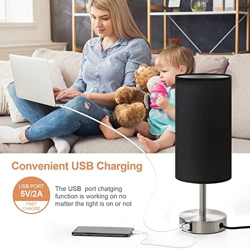 Bedside Lamp with USB Port - Touch Control Table Lamp for Bedroom Wood 3 Way Dimmable Nightstand Lamp with Round Black Shade for Living Room, Dorm, Home Office (LED Bulb Included) (Blacl2) - Image 3