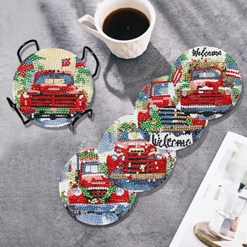 Leatrice 6 Pcs Christmas Truck Diamond Art Coasters Kits for Adults 4 in - Image 4