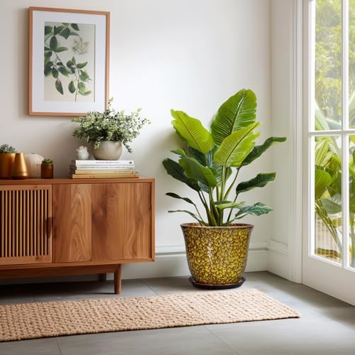 12 Inch Plant Pot - Ceramic Pots for Plants with Drainage Hole and Saucer, Round Planter for Indoor Outdoor, Large Flower Pots, Modern Planter, Patio House Decor, Plant Lovers Gifts, Yellow - Image 6