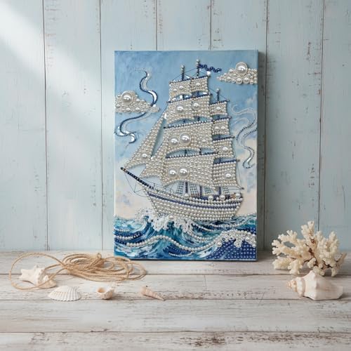 LQCrafK DIY Pearl Art Painting Handcraft Kit for Adults Beginners, Creative Design, Healing Stress-Relieving Home Wall Decoration, with Framed Painting and Tools-Sailboat-1 - Image 3