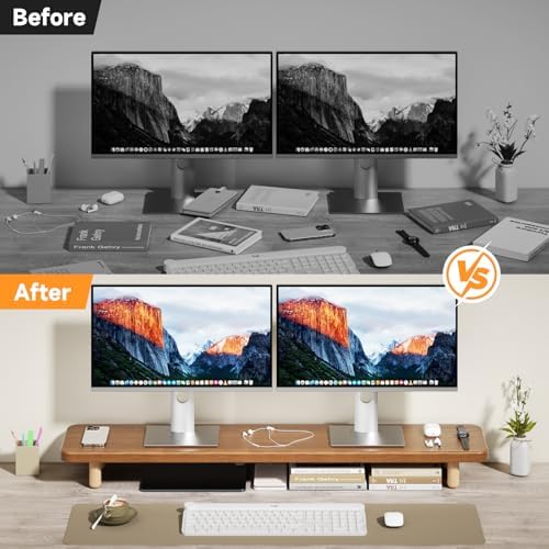 Dual Monitor Stand Riser, 39 Inch Extra Long Wooden Desktop Monitor Riser with Storage for 2 Monitors Ultra Strong Desk Shelf Organizer Riser Ergonomic for 2 Screens/Laptop/PC/TV/Printer (Walut brown, 39inches) - Image 6