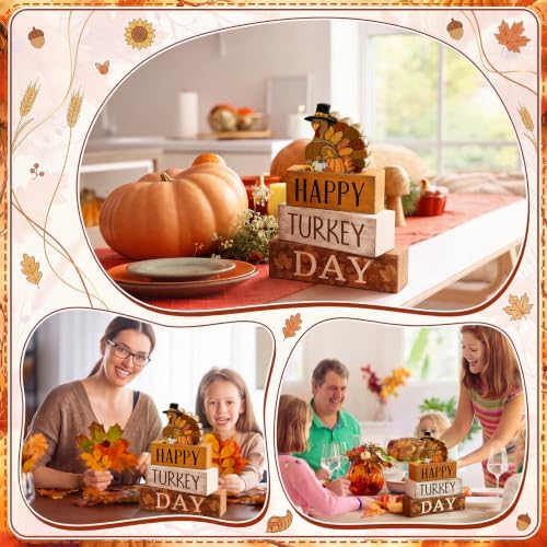 Moucuny 4 Pcs Fall Table Decor Wooden Signs Happy Turkey Day Blocks - Image 4