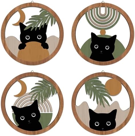 HPNIUB Abstract Mid Century Boho Black Cat Wall Decor-4 Pieces 10''x10'' Farmhouse Geometric Hanging Wooden Wall Art,Bohemian Moon and Sun Wood Sign for Nursery Bedroom Decoration, Lovely Cat Gifts by HPNIUB