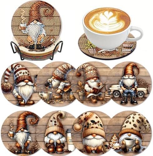 Clendo 8 Pcs 5D Diamond Art Coasters Kits with Holder, Gnome Coffee Diamond Painting Coasters Set for Adults, Small Mini Diamond Dots Kit for Beginners DIY Art Craft Home Decor by Clendo