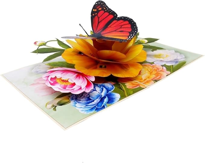 3D Pop Up Greeting Card – Vibrant Butterfly with Colorful Peony Flowers – Unique Card for Birthday, Mother’s Day, Anniversary & Special Occasions, F61