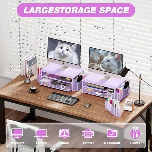 OPNICE Desk Organizer and Accessories, 2-Tier Computer Monitor Stand Riser with Drawer and 2 Pen Holders, Laptop Stand, Office Desk Accessories for Office Supplies, Purple - Image 4