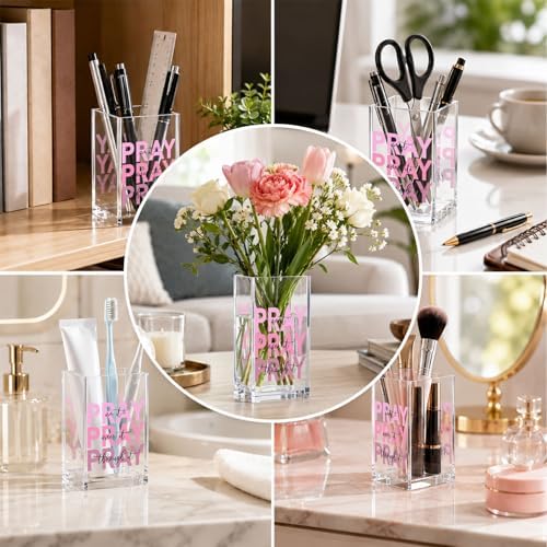 Christian Acrylic Pen Holder Cup, “Pray Over It Prays On It Pray Through It” Bible Verse Desk Decor, Pink Office Desk Organizer, Inspirational Gift for Women, Religious Desk Accessory - Image 6