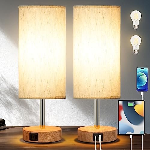 Yarra-Decor Bedside Lamp with USB A+C Charging Ports Set of Two - Touch Control Table Lamp for Wood 3 Way Dimmable Nightstand Lamp with Round Flaxen Fabric Shade (LED Bulb Included) (Y4-2 Pack) by Yarra-Decor