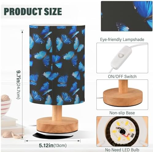 Fustylead Vibrant Flying Blue Butterflies Bedside Table Lamps with USB Port for Bedroom Lamp Accent Table Lamp Small Nightstand Lamp Sturdy Linen Shade Wooden Base Decorative Lamps for Home|Kids|Dome - Image 4