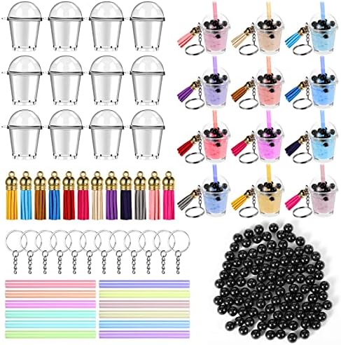 Cunno 348 Pcs Mini Milky Tea Keychain Accessories Bubble Tea Cream Glue Casting Includes Keychain Rings Mini Cup Pendant Charm Straws Assels, 12 Pcs Each, 300 Bubble Beads for DIY Crafts(Bright Color) by Cunno