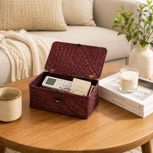 Seagrass Wicker Storage Basket with Lid, Small, Red - Image 4
