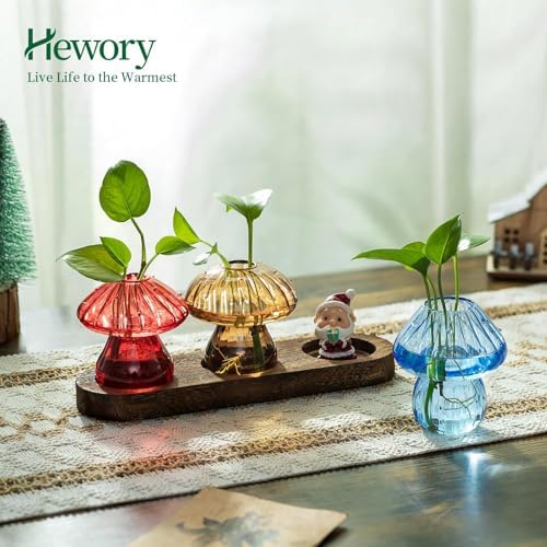 Hewory Plant Propagation Station: 3PCS Colored Mushroom Vase with Wood Tray - Image 2