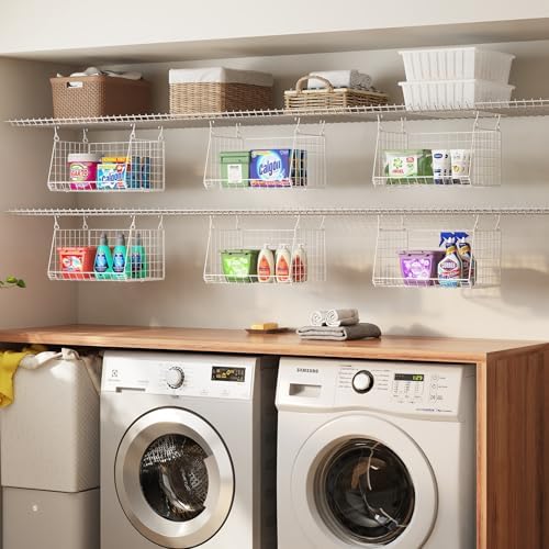 3-Tier Hanging Laundry Basket Organizer：Foldable Wire Shelf Laundry Room Organizer with 360°Rotating Hooks Small Space Solutions Closet Hanging Organizer - Laundry Organization, White Patent - Image 7