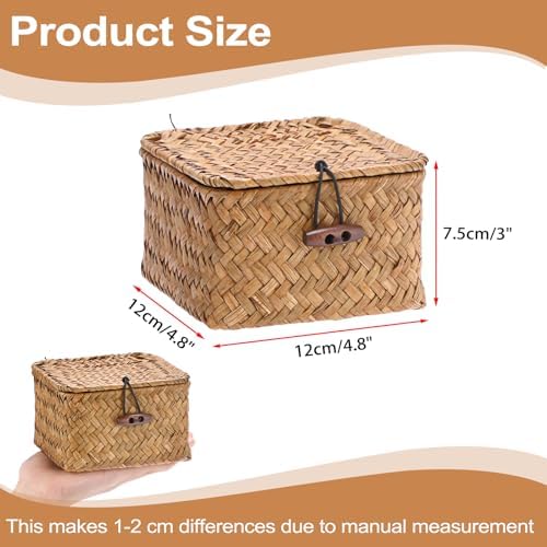 Hipiwe Handwoven Seagrass Basket Decorative Shelf Basket with Lid Mini Square Wicker Storage Box, Caramel Color, 4.7" x 4.7" x 3" - Image 3