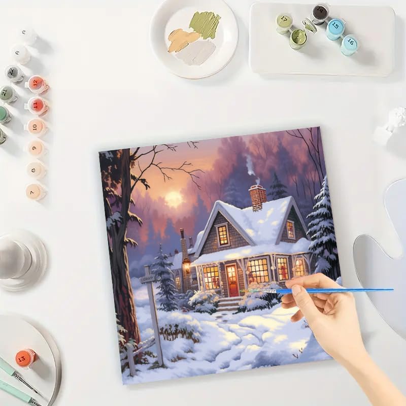 Winter Cottage Digital Painting Kit for Adults - DIY Snowy House at Sunset Oil Painting on Canvas 7.87x7.87in, Framed Acrylic Paint Kit, Good for Beginners, Seasonal Wall Art or Gift Artwork - Image 3