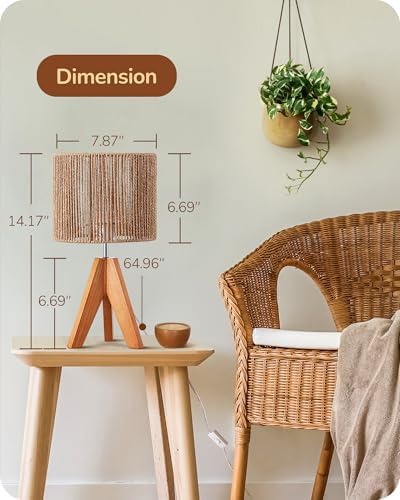 EDISHINE Small Rattan Table Lamp, Wood Tripod Bedside Lamp, 14.2", E26 Base - Image 5