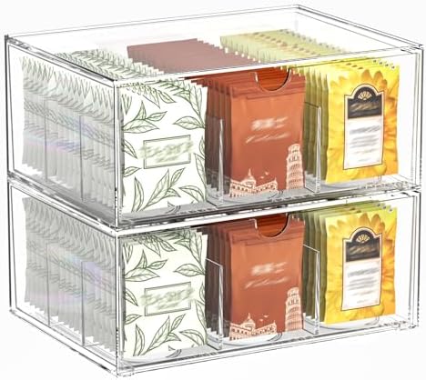 2 Pack Clear Tea Bag Organizer, Stackable Drawer Organizer with Dividers for Pantry Bathroom Vanity Kitchen - Cabinet Countertop Shelf Plastic Storage Bins for Coffee/Makeup/Cosmetic/Crafts/Jewelry by Jywantful