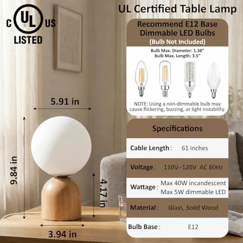 9.8" Dimmable Solid Wood Table Lamp with Opal Glass Globe Shade, Natural - Image 2