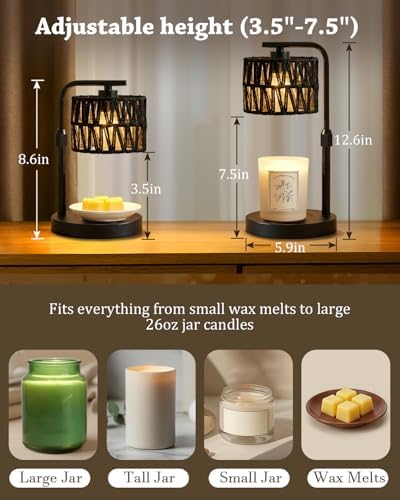 Candle Warmer Lamp, Timer Dimmable Candle Lamp, Adjustable Height and Brightness Candle Warmer, Black Boho Rattan Lampshade and 2 Bulbs, Suitable for Home Decor, Birthday Gifts for Women Mom - Image 6