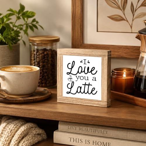 I Love You A Latte Wooden Plaque, Cute Coffee Lover Gift Sign, Romantic Farmhouse Kitchen Counter Accent, Rustic Shelf Display For Breakfast Bar Office Coffee Nook Décor, 5.9 x 5.9 in - Image 5