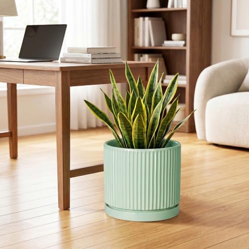 Ceramic Planter, 10 Inch Flower Pot with Saucer, Mint Green - Image 3