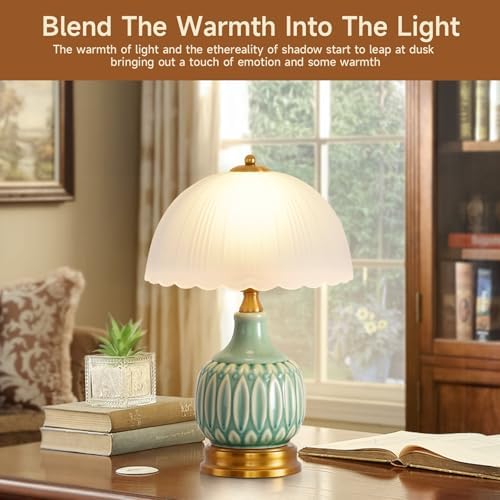 Table Lamps Ceramic Retro Lamp for Living Room,15." Modern Bedside Nightstand Traditional Lamps, Classic Chinoiserie Green Glass Lamp for Home (Retro) - Image 5