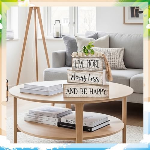 Moucuny 4 Pcs Inspirational Farmhouse Table Decor Rustic Stacked Wooden Block Sign - Live More Worry Less Be Happy Centerpieces Set with Beaded Tassel and Artificial Plant for Home, Office, Shelf Gift - Image 5