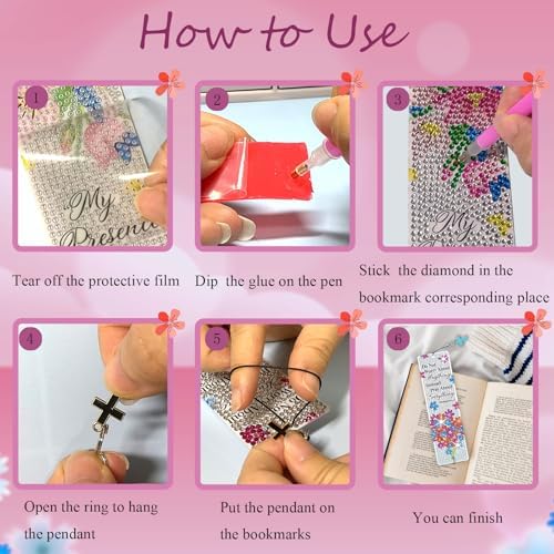 8PCS Diamond Painting Art Bookmarks,Cute Acrylic Bookmarks Crafts Kits Gifts with Pendants for Adult Women Book Lovers (Flower) - Image 4