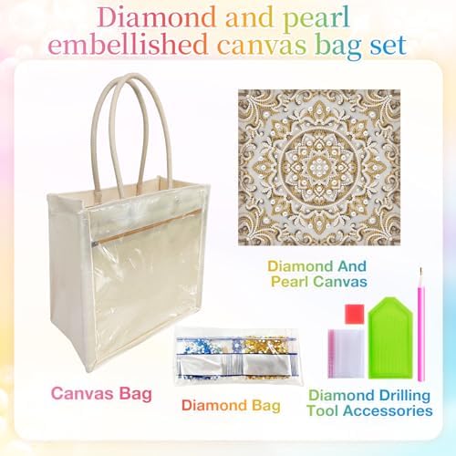 Xylzzuit DIY Pearl Painting Canvas Tote Bag Kit 11.42IN Diamond Art Handbag for Women Shopping Grocery Bag Dots Beads Art Craft Gift (Mandala) - Image 2