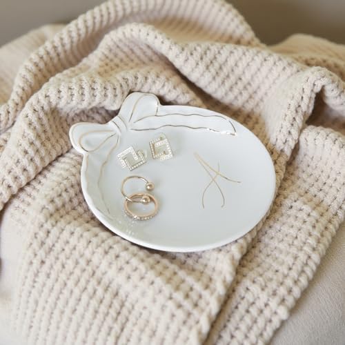 COLLECTIVE HOME Ceramic Jewelry Tray, Monogram Trinket Dish with Bow (N) - Image 3