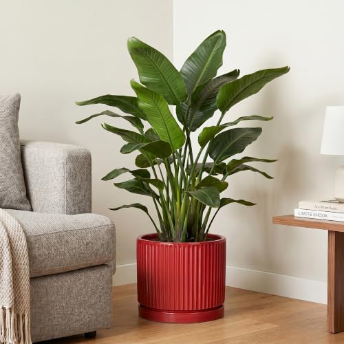 10 Inch Ceramic Planter, Round Flower Pots with Saucer, Red - Image 4