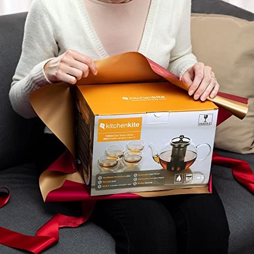 Kitchen Kite Glass Teapot Set with 4 Double Wall Tea Cups & Removable Stainless Steel Infuser, 35oz/1000ml Borosilicate Tea Kettle Stovetop Safe, Loose Leaf & Blooming Tea Maker Gift Set for Women - Image 2