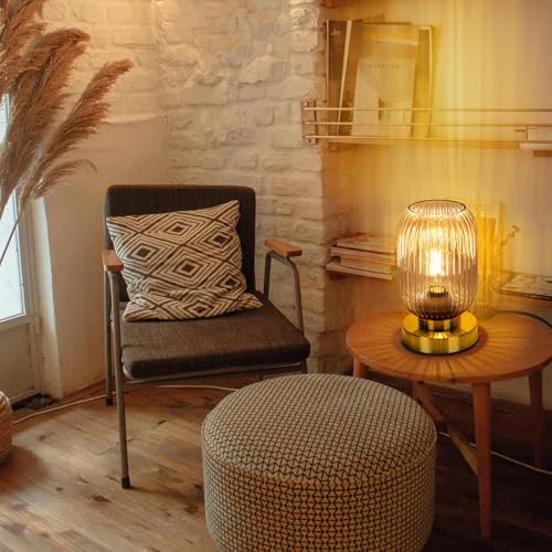 Mid Century Modern Table Lamp with Amber Ribbed Glass Shade,Touch Control & 3 Way Dimmable,Small Gold, Vintage Bedside Lamp for Bedroom, Living Room,Office (Bulb Included) - Image 5