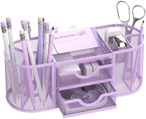 SUPEASY Mesh Desk Organizer, Pen Holder for Desk with 2 Drawers, Purple by SUPEASY
