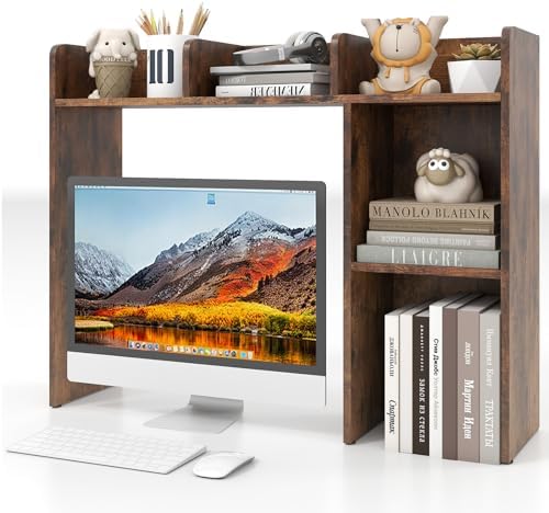 Giantex Desktop Bookshelf, Wood Desk Hutch Organizer for 27 Inch Computer Monitor, Countertop Storage Display Rack with 5 Shelves, Multipurpose Desktop Shelf Bookcase for Dorm Office Home, Brown by Giantex