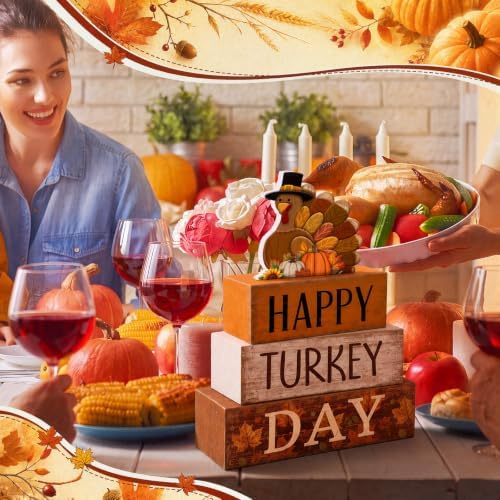 Moucuny 4 Pcs Fall Table Decor Wooden Signs Happy Turkey Day Blocks - Image 6