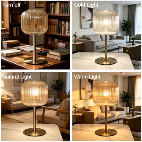 Green Glass Table Lamp Mid Century Modern Table Lamp for Bedroom Nightstand Gold Small Night Light Vintage Decorative Brass Desk Lamp for Living Room Study (L Amber Lamp) - Image 6