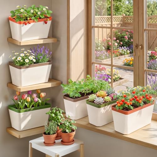OurWarm Self Watering Pots for Indoor Plants, 6 Pack 10.5 Inch Plastic Window Herb Planter Box with Water Level Indicator, Modern Decorative Windowsill Planters for Herbs, Flowers, Seedlings - Image 6