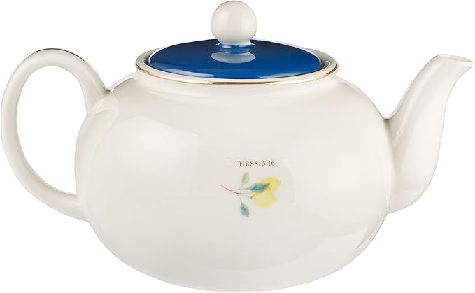 Christian Art Gifts Large Ceramic Cute Inspirational Scripture Teapot for Women: Rejoice Always Bible Verse for Home & Kitchen w/Gold, Easy-pour Lead & Cadmium-free, White/Blue & Yellow Lemons, 34 oz.