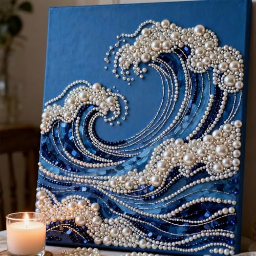 Mrchfr Wave Pearl Painting Kit for Adults & Beginners, DIY Ocean Theme DIY All-Pearl Dot Painting, Stress Relief Art Craft Supplies for Gift Home Wall Decor, No Frame (Style A) by Mrchfr