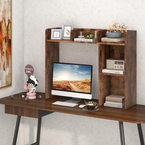 Giantex Desktop Bookshelf, Wood Desk Hutch Organizer for 27 Inch Computer Monitor, Countertop Storage Display Rack with 5 Shelves, Multipurpose Desktop Shelf Bookcase for Dorm Office Home, Brown - Image 2